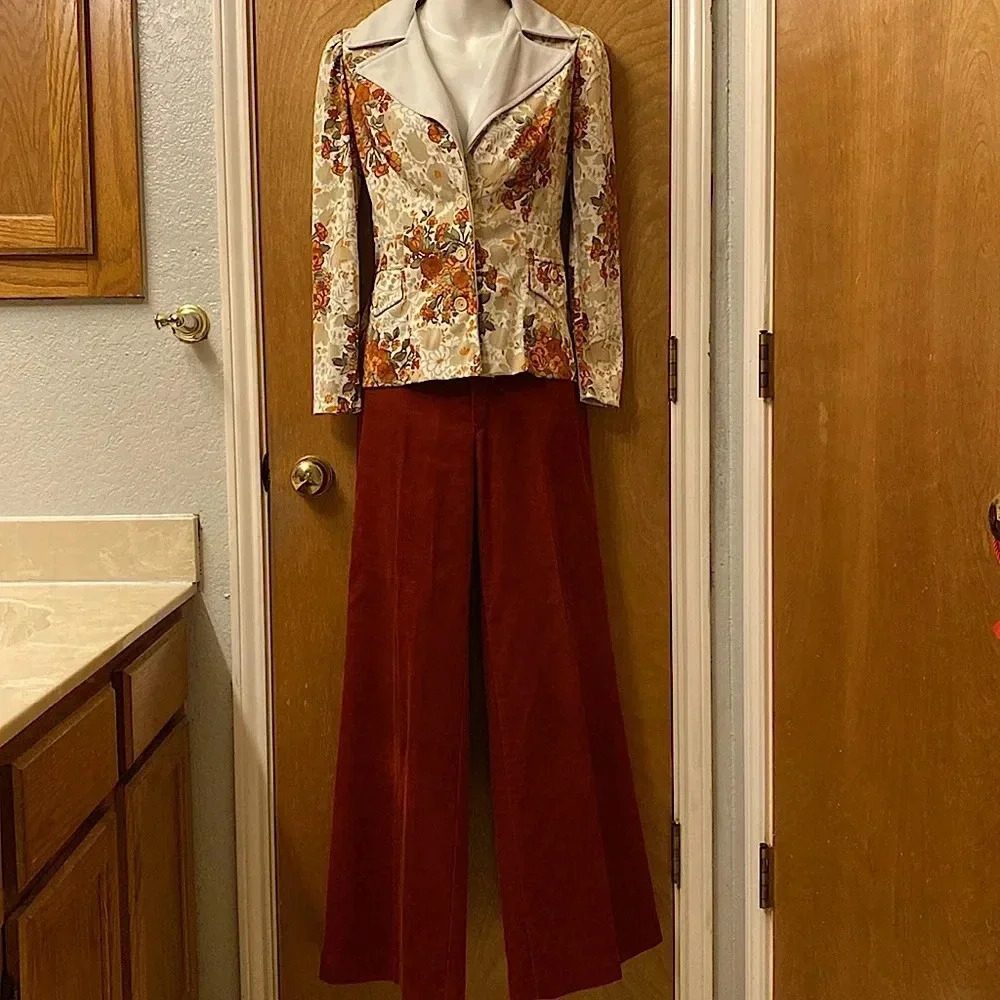Floral Corduroy Notched Pantsuit